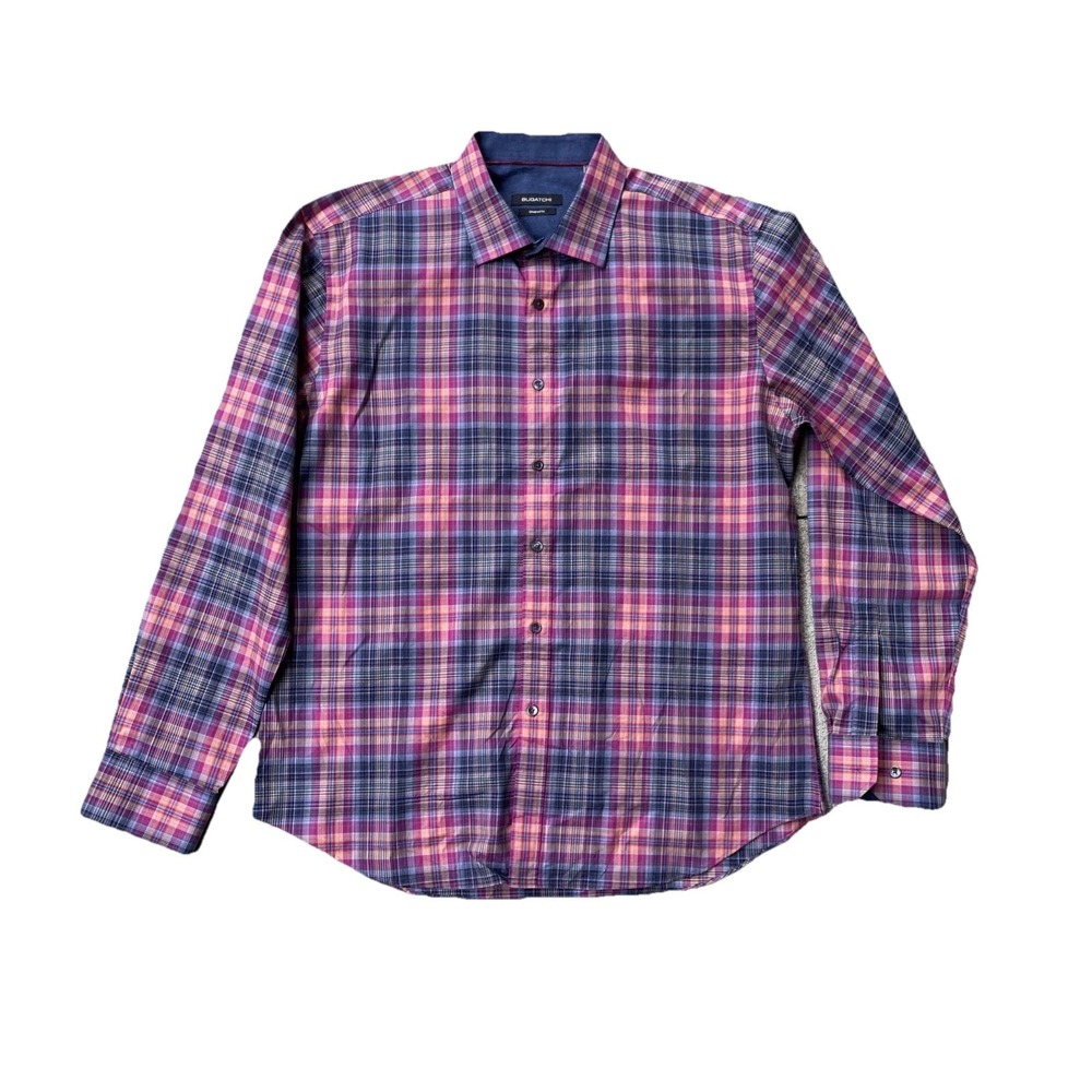 Men's Bugatchi Shaped Fit Dress Shirt XL‎ Fuchsia Blue Plaid Long Sleeve Collard